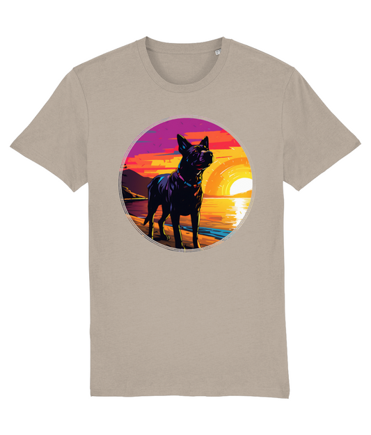 Shirt hond aan zee op het strand paars oranje
