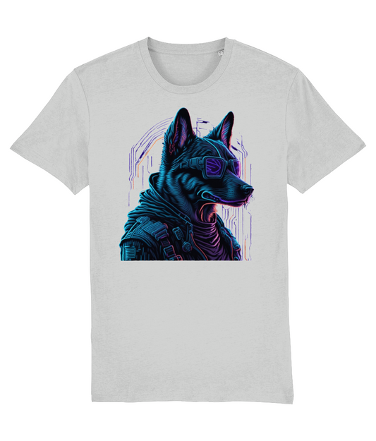 T-shirt hond stoer kijkend met bril en abstracte tekening hond blauw paars