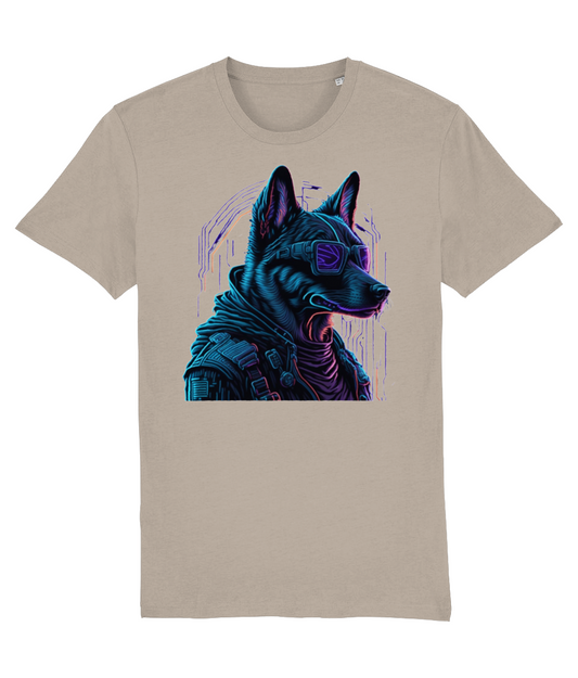 T-shirt hond stoer kijkend met bril en abstracte tekening hond blauw paars