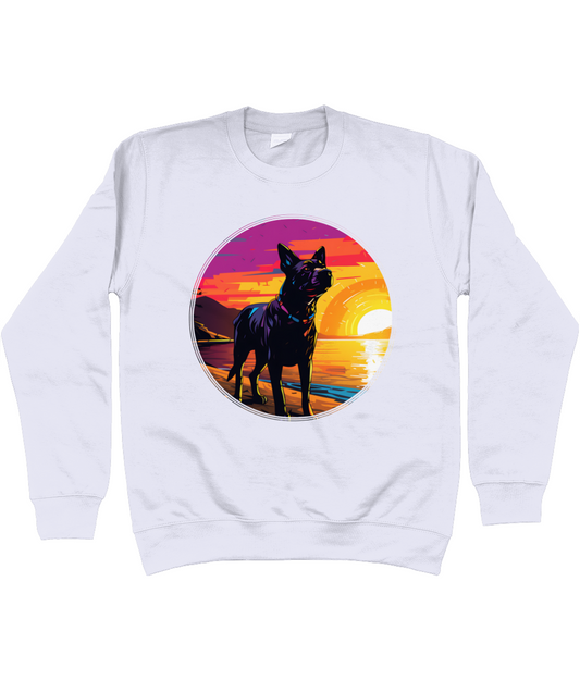 Trui hond op strand aan de zee met zonsondergang